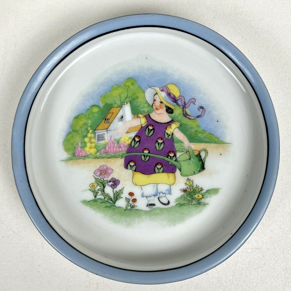 Child's Bowl Hand Painted Japan Antique Chikaramachi Girl Gardening Scene 6-5/8"